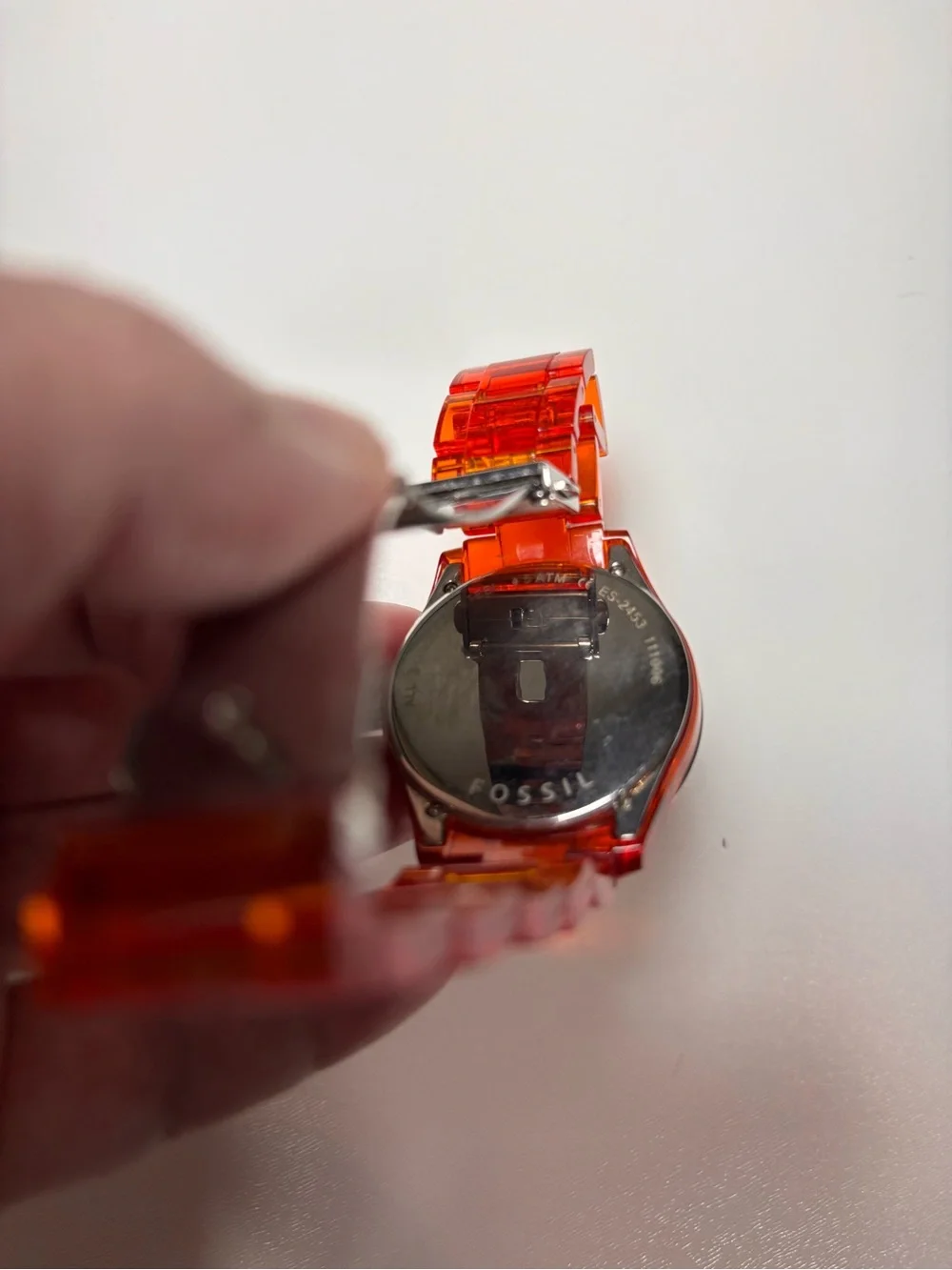 Fossil Stella Orange Red Acrylic Rhinestone Bezel Quartz Watch ES2453